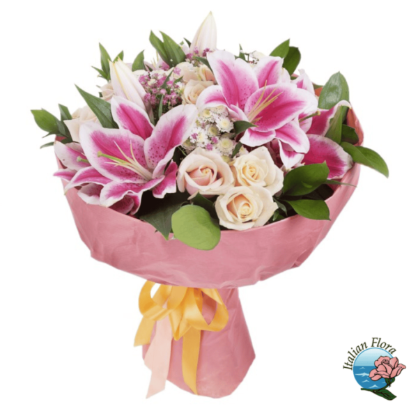 Bouquet of pink lilies and white roses