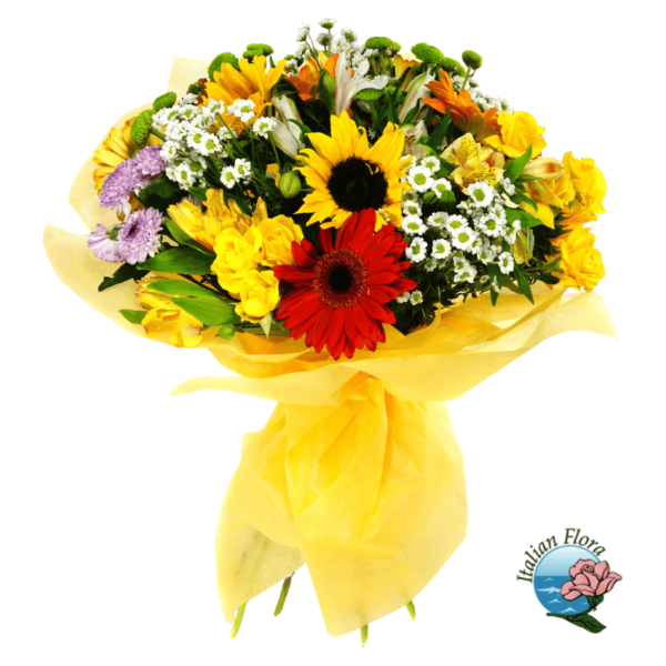 Bouquet of sunflowers and red and orange flowers