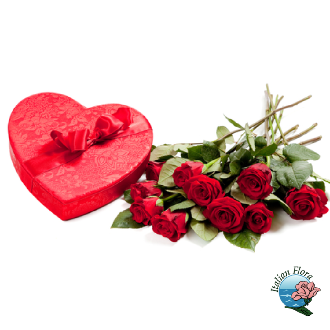 Bouquet di 9 rose rosse con scatola di cioccolatini