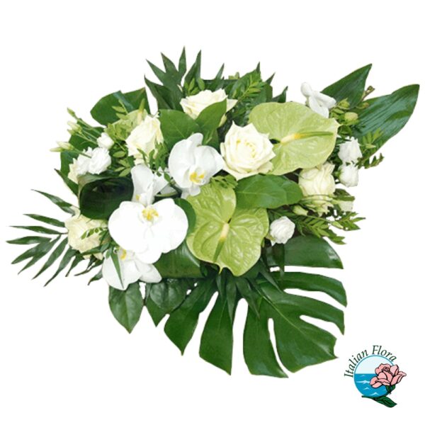 Funeral arrangement with anthurium and white flowers
