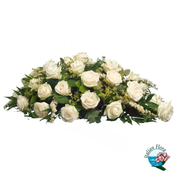 funeral spray of white roses