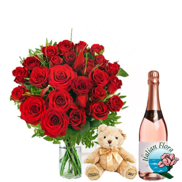 24 red roses with teddy and white wine