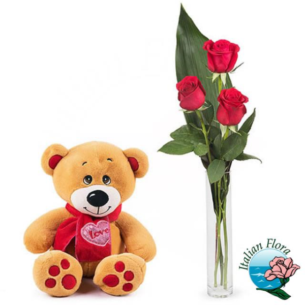 3 red roses with teddy