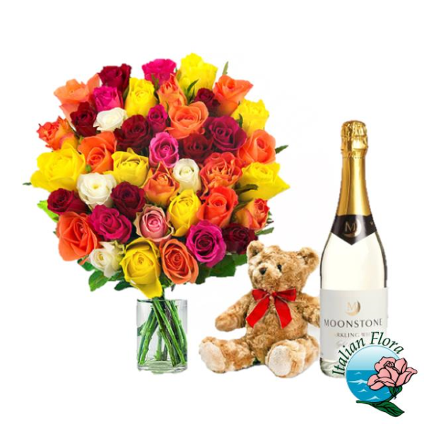 50 mixed roses with teddy and white wine