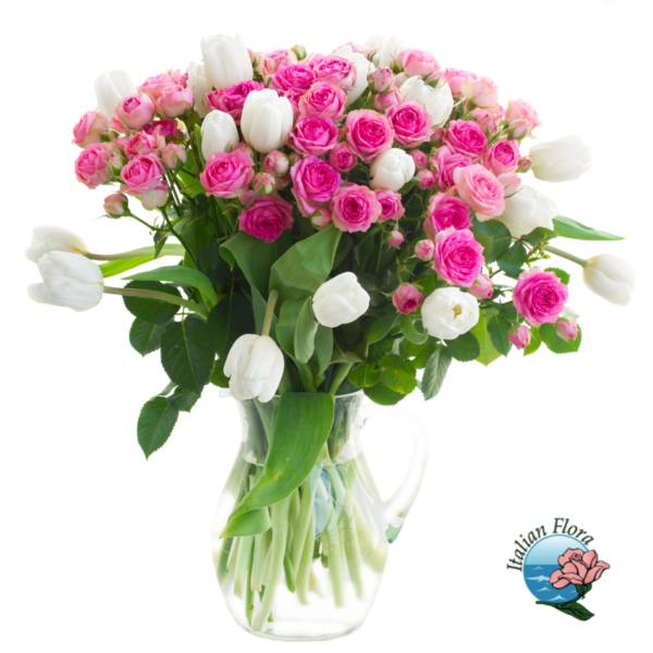 Bouquet of white tulips and pink roses
