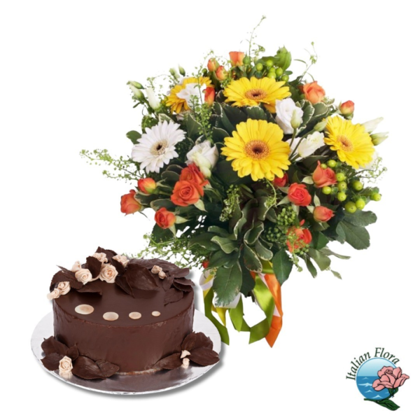 Yellow and orange bouquet with chocolate cake