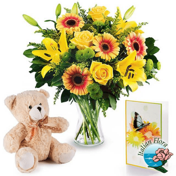 Yellow Flowers Bouquet with Teddy Bear and Card