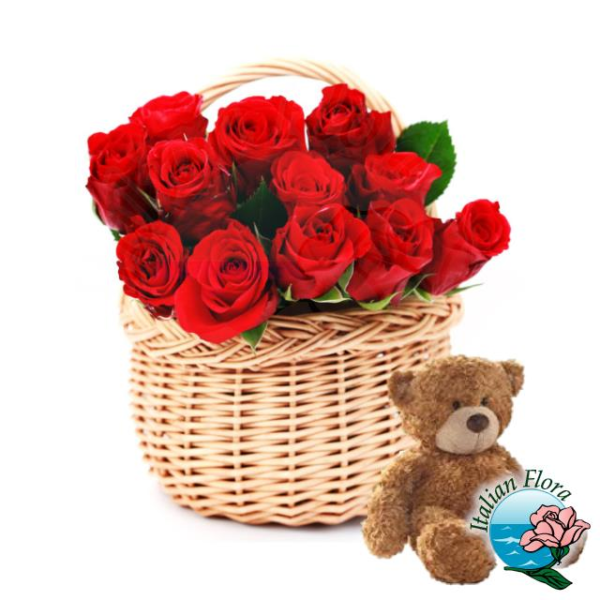 basket of 12 red roses with teddy