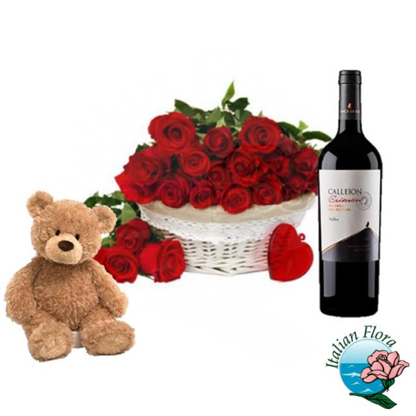 basket of 18 red roses with teddy and red wine