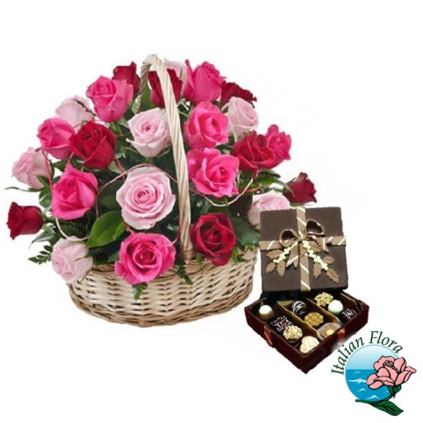 basket of 24 pink roses and chocolates