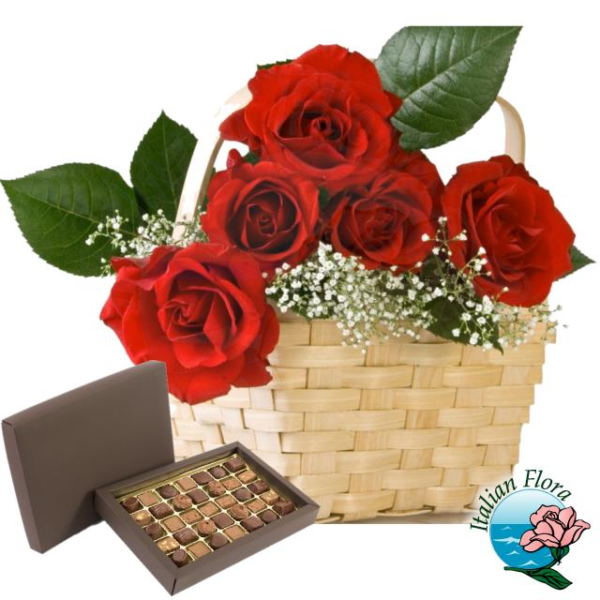 basket of 5 red roses and chocolates
