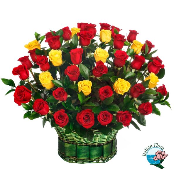 basket of red and yellow roses