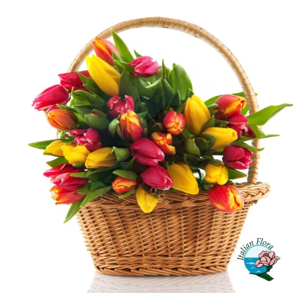 basket of yellow and red tulips