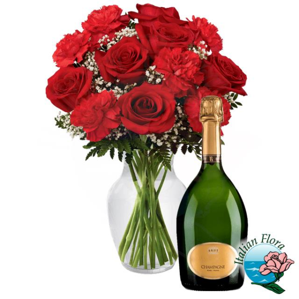 red bouquet with champagne