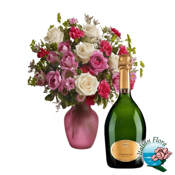 white and pink roses bouquet with champagne
