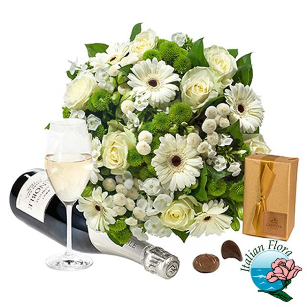 white bouquet with chocolates and sparkling wine