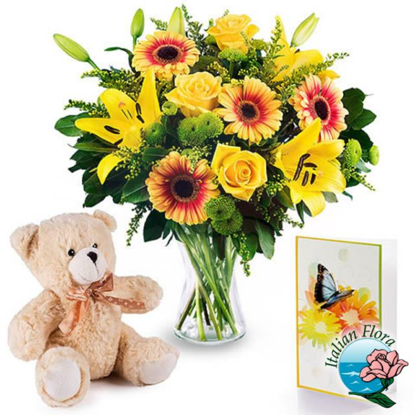 yellow bouquet with teddy and card