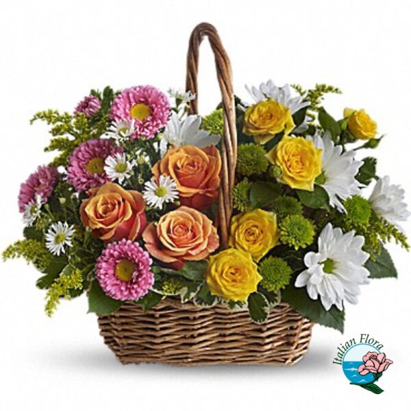 Basket of yellow and orange roses with white desies