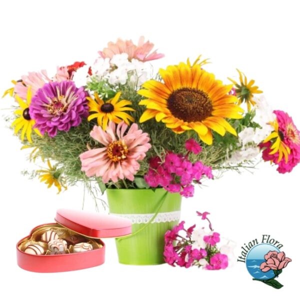 Bouquet of colourful flowers with box of chocolates