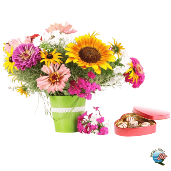 Bouquet of colourful flowers with box of chocolates