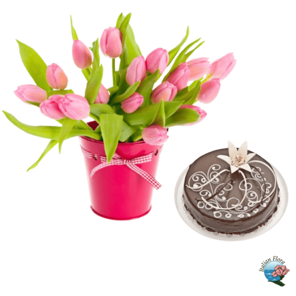 Bouquet of pink tulips with choco cake